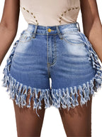 Dam shorts med hög midja och fransad fåll