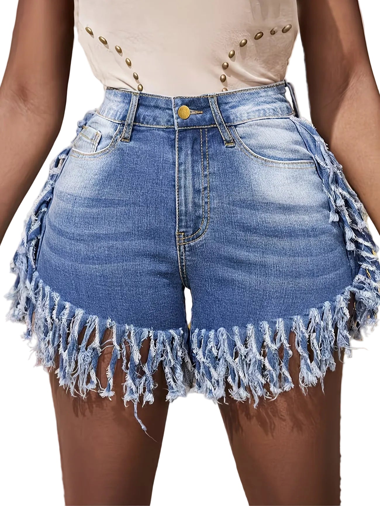 Dam shorts med hög midja och fransad fåll
